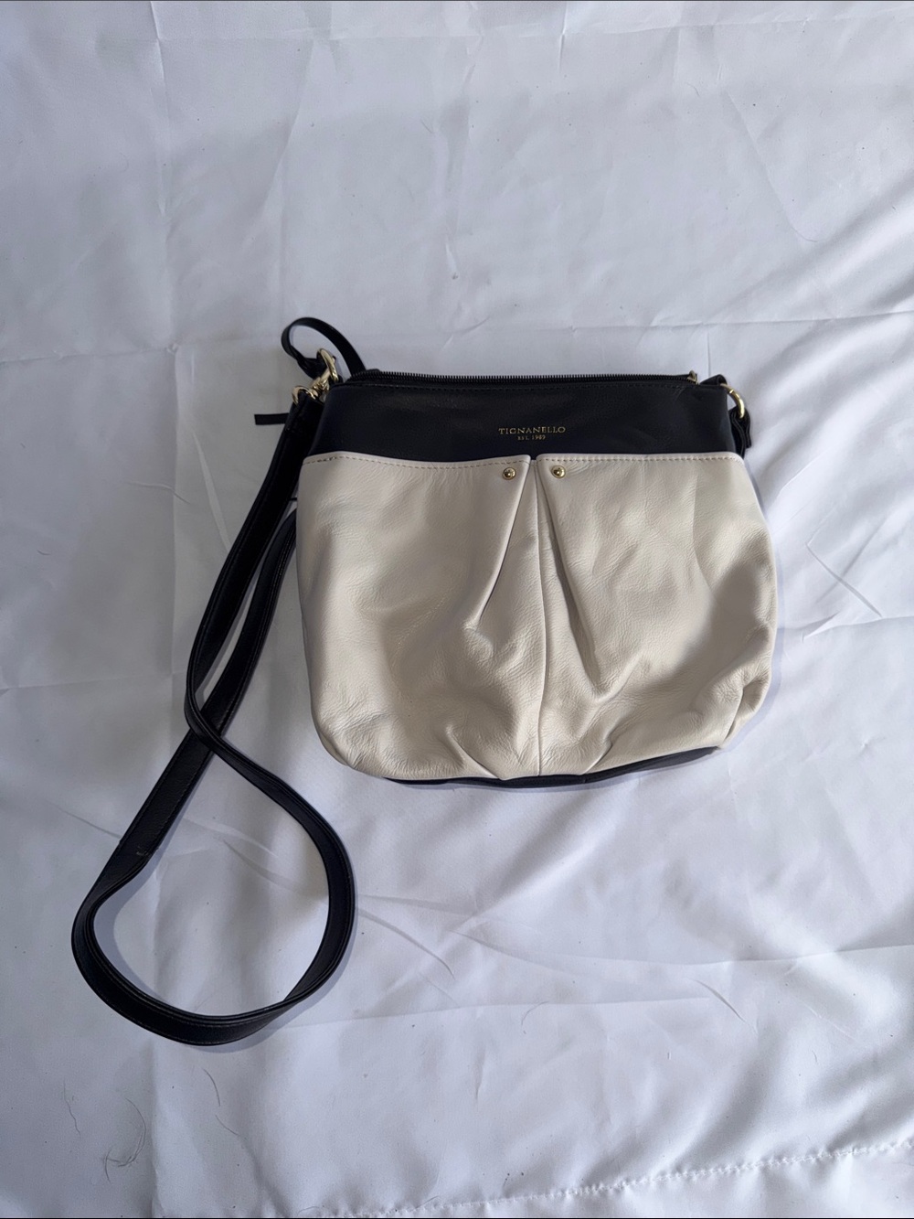 Tignanello Two-Tone Black and Cream Leather Crossbody Bag